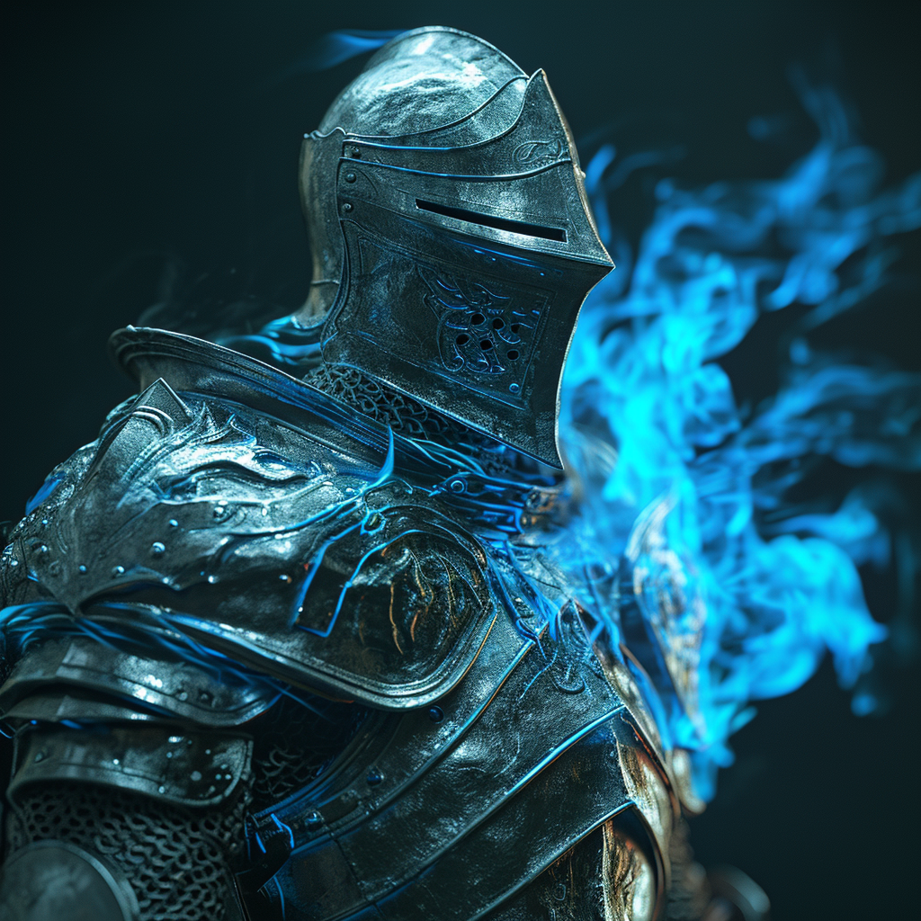 Spectral blue flames flow from Dark Souls knight armor