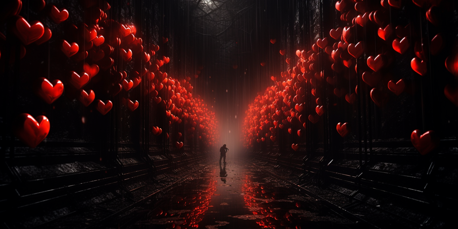 Bright red love hearts in dark tunnel