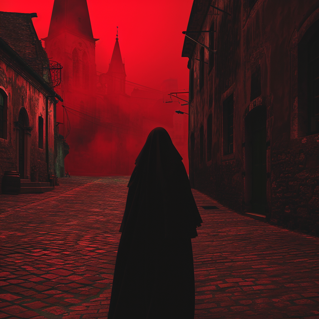 Dark Veiled Nun Walking Cobblestone City