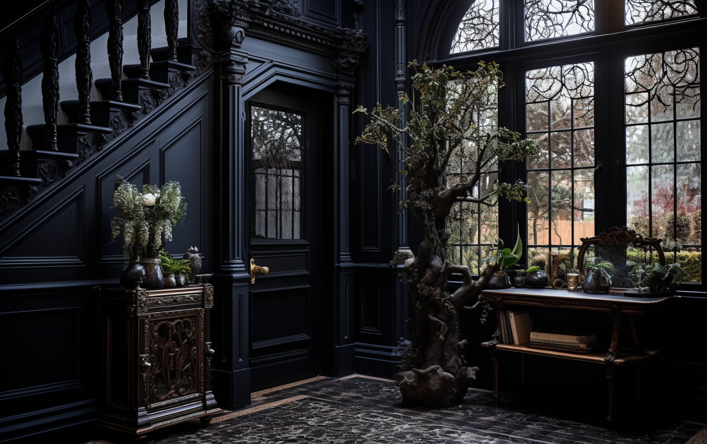 Enchanting entryway to a dark Victorian home