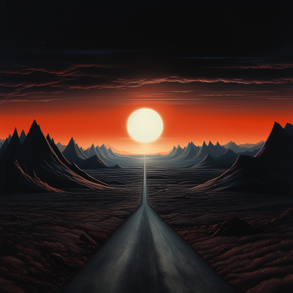 Retro airbrush art of dark void desert hills at sunset  ?️