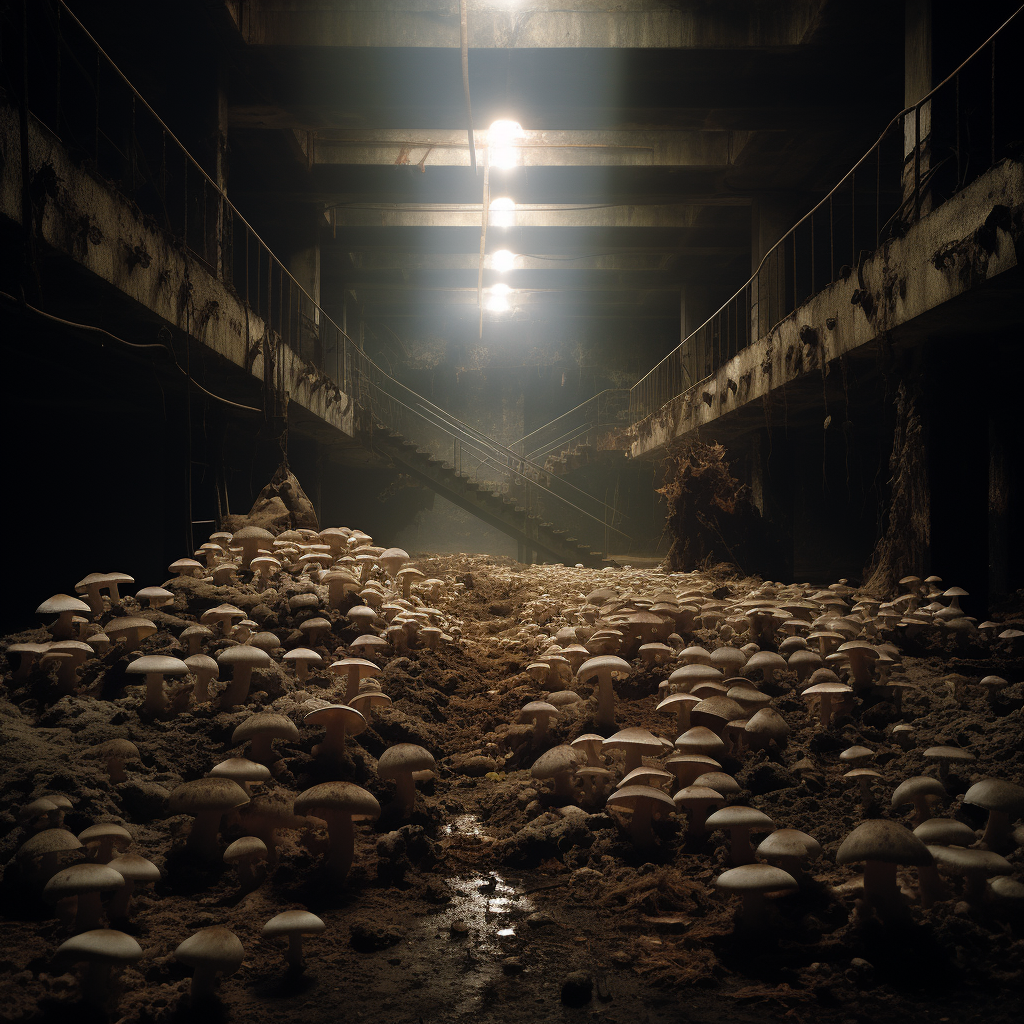 Mushrooms in dark warehouse