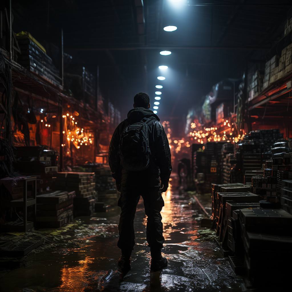 Man patrolling dark warehouse