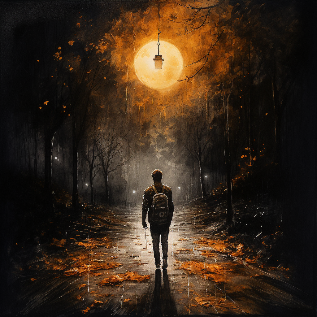 Man walking with jack o lantern at night