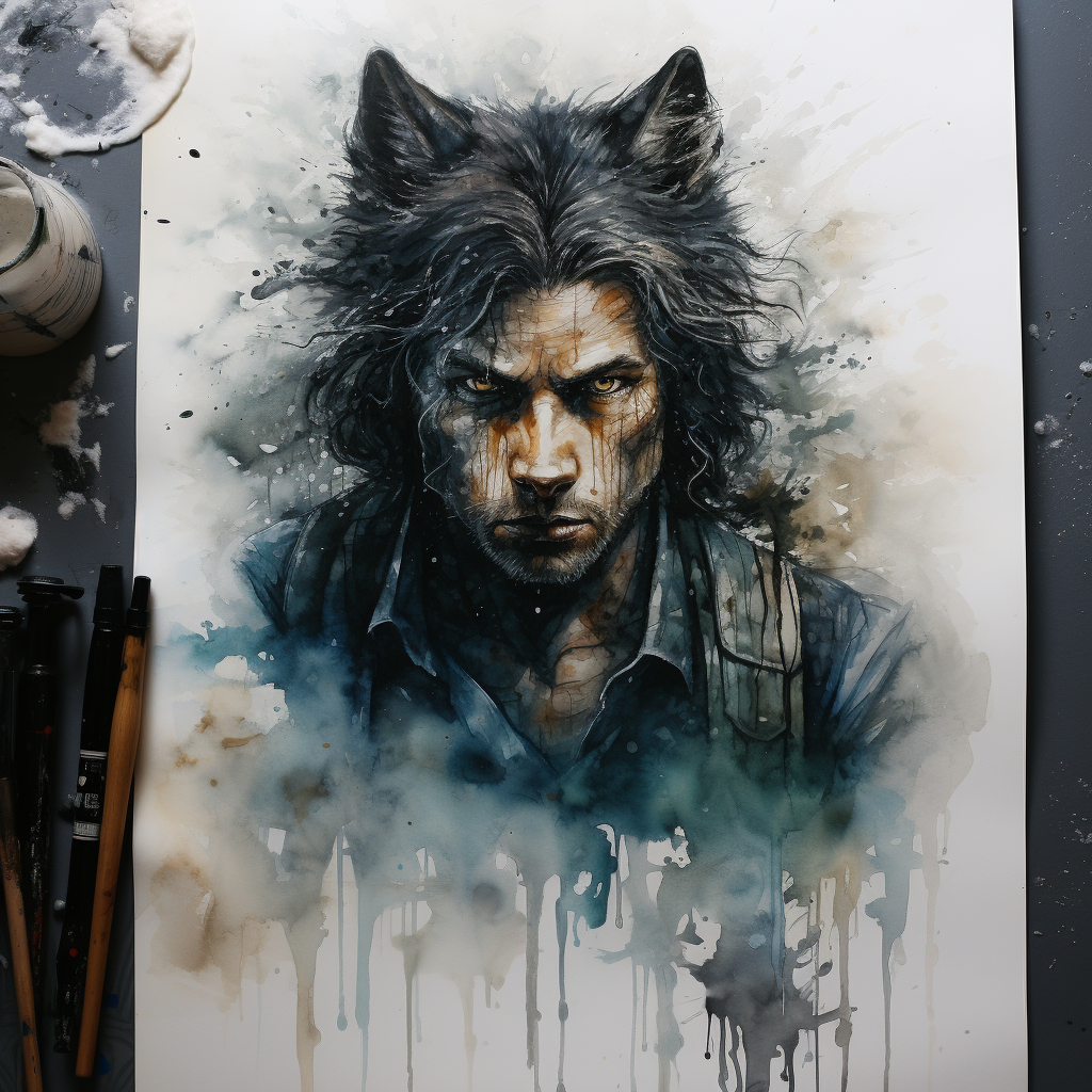 Enchanting dark watercolor painting of a half-human wolf