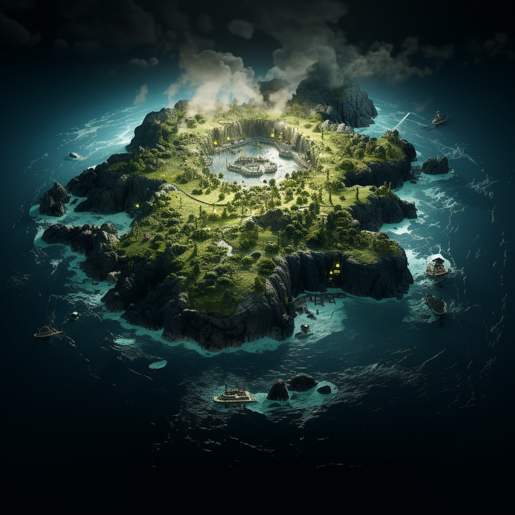 Island on Map in Dark Waters