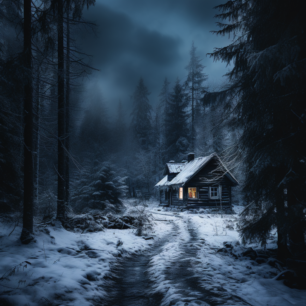 Hut surrounded by dark winter forest