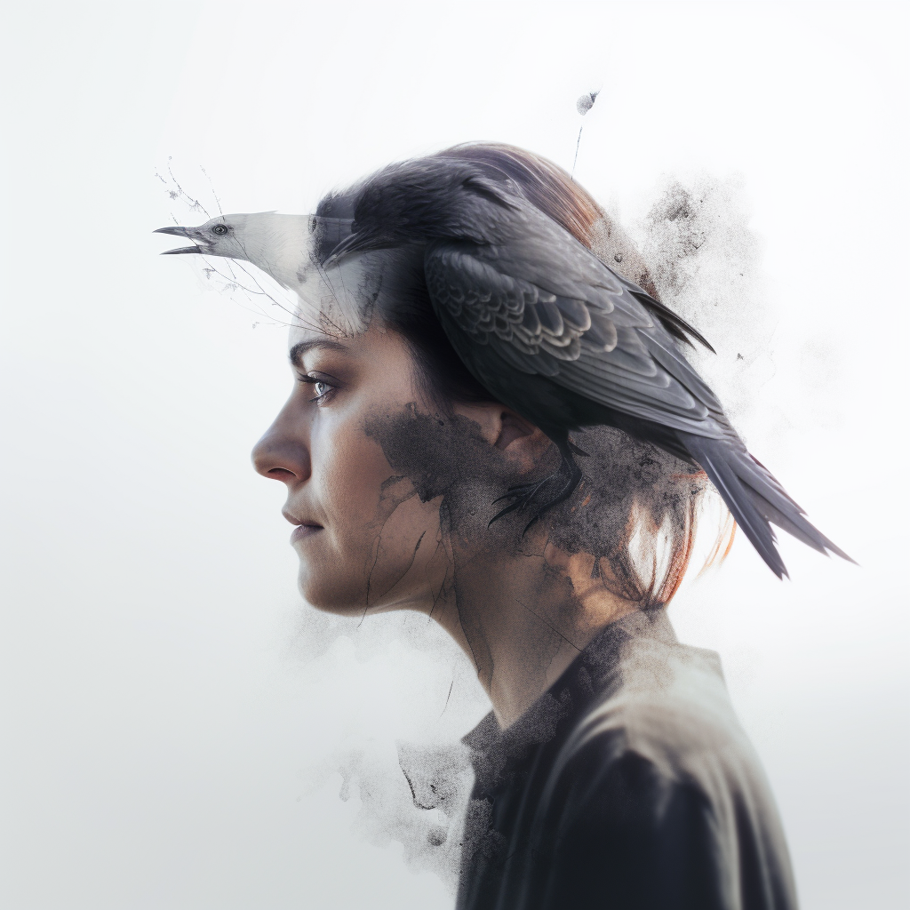 Double exposure of dark witch and crow