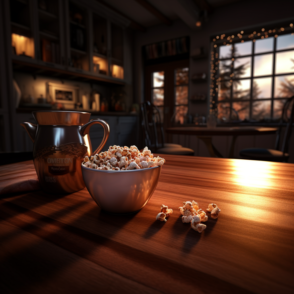 A cup of hot chocolate and scattered popcorn on a dark wood countertop