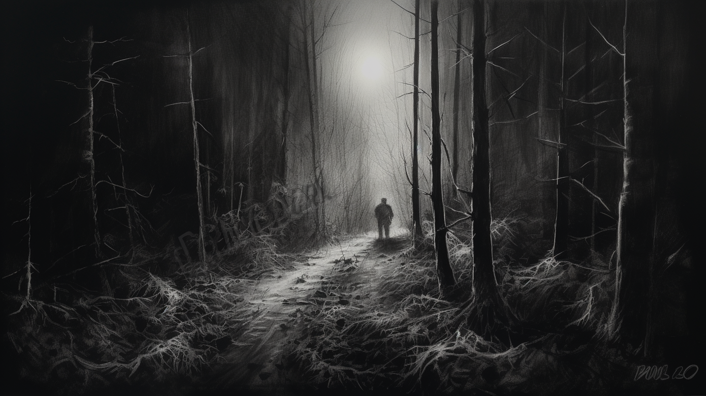 Pencil Drawing of Lost in Dark Woods