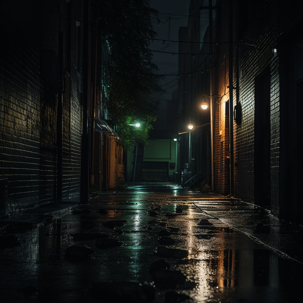 Dark alley with a streetlight in the rain