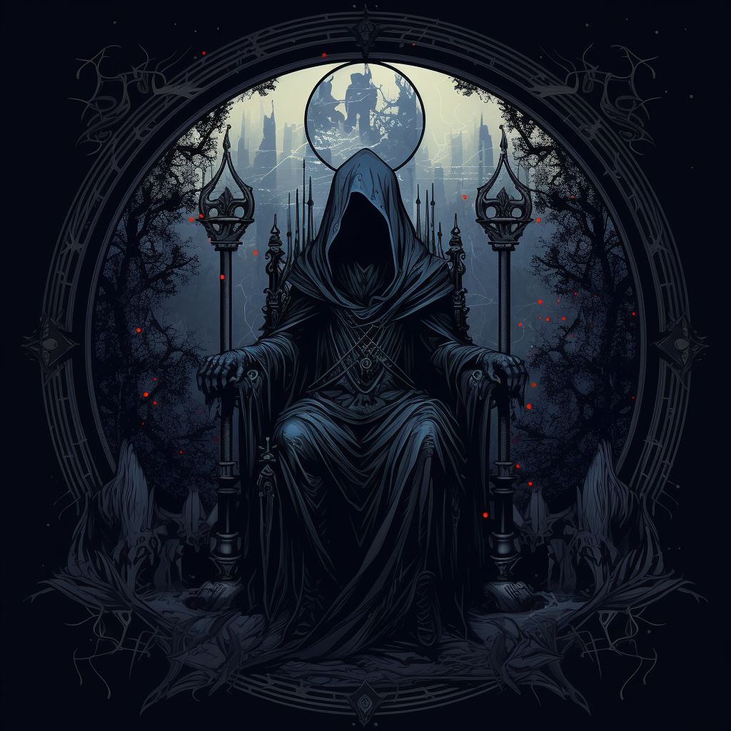 Dark Anime Death Hooded Man in Throne Tarot Card