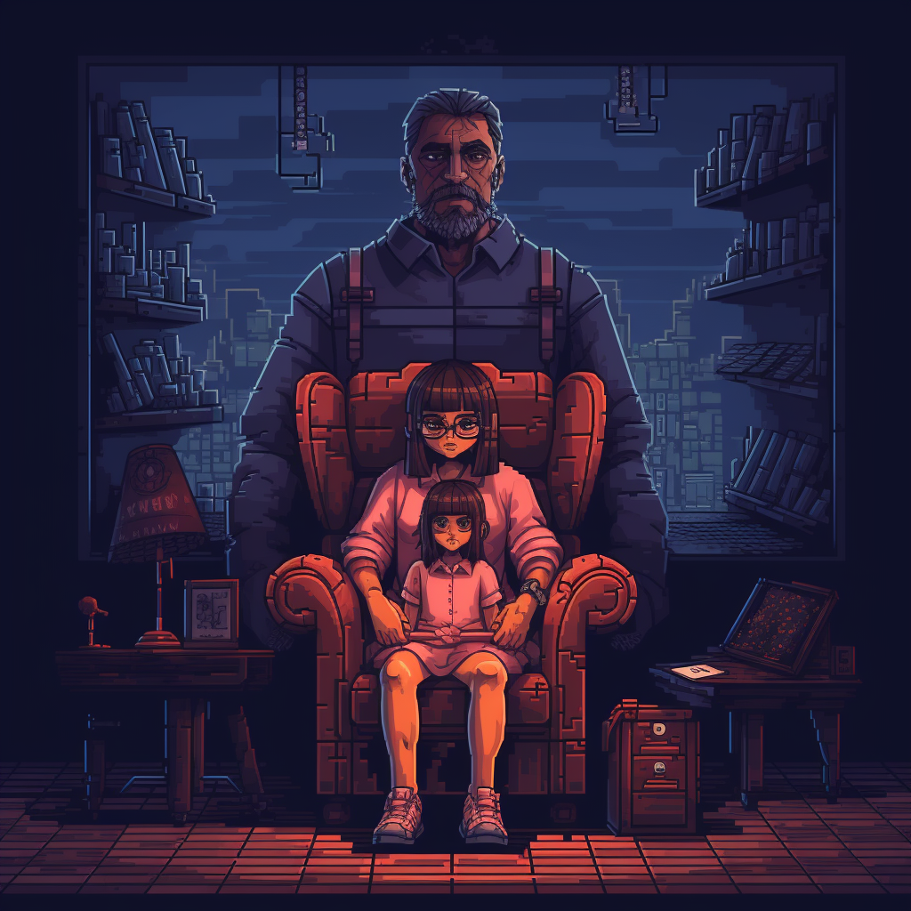 Retro horror game style dad and daughter family photo