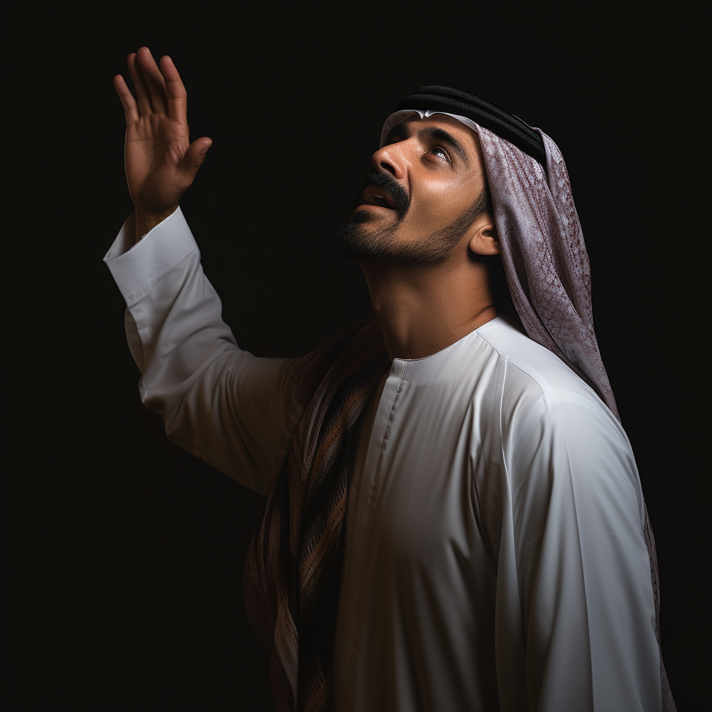 Kuwaiti man raising hand in dark background