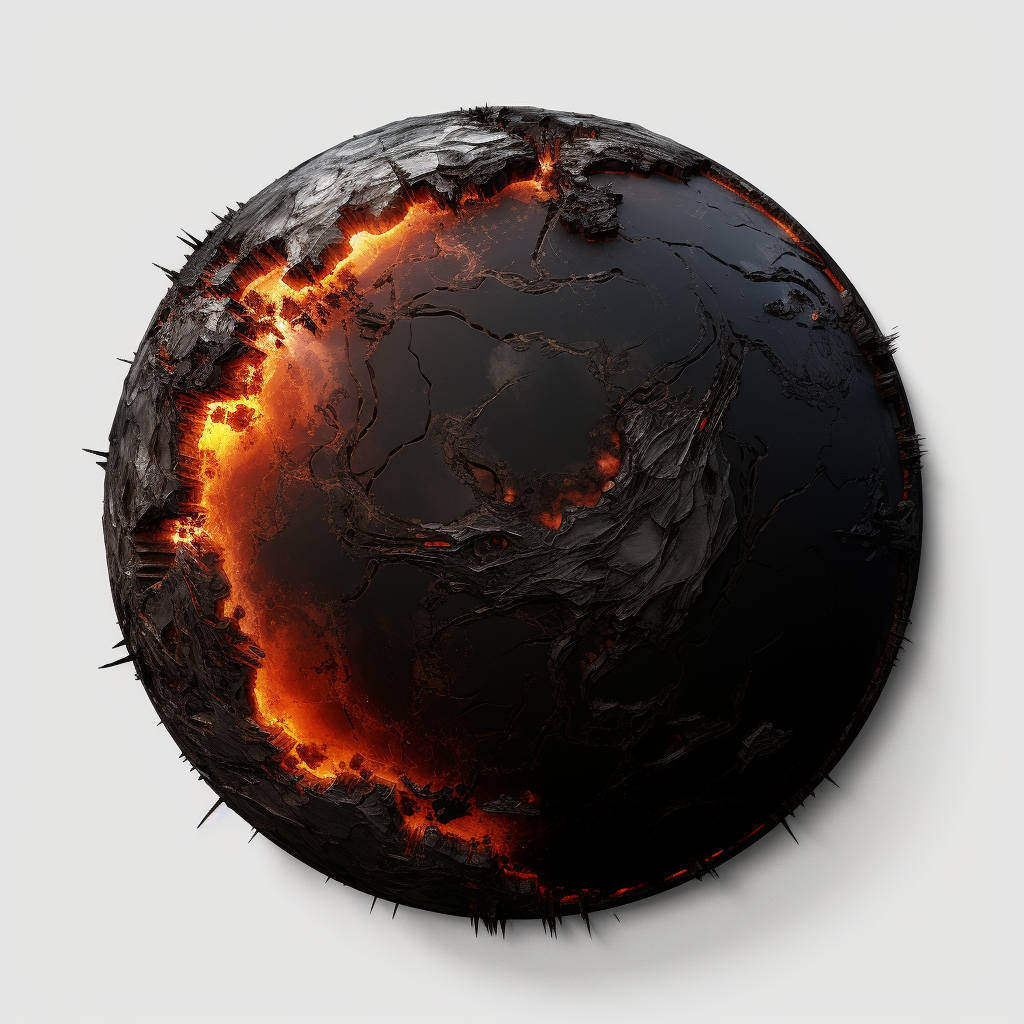 Realistic illustration of a dark black planet with small fire fissures