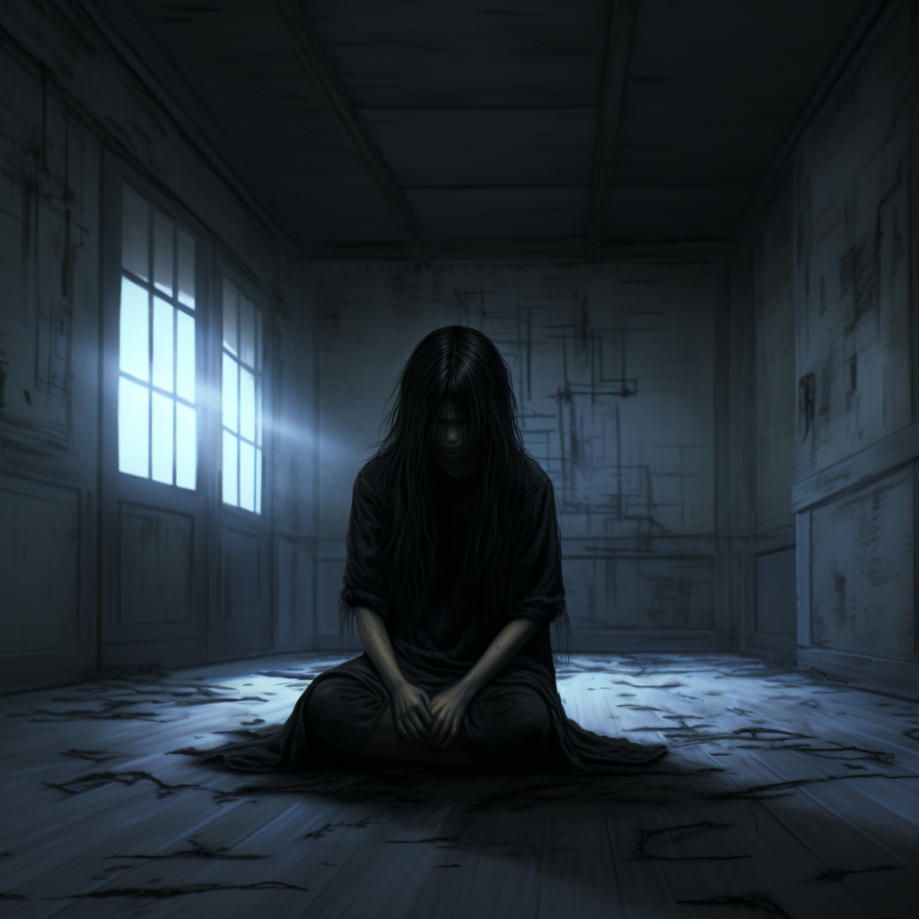 Scary dark-haired girl in a spooky black room