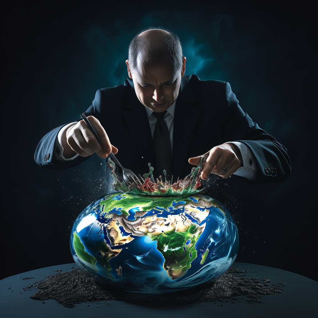 Man in dark suit sticking fork into globe