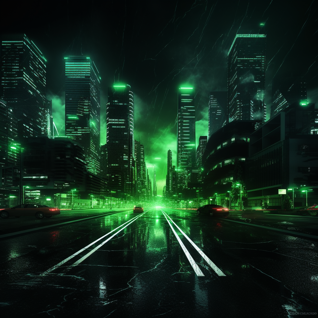 Dark textured city skyline on neon green background