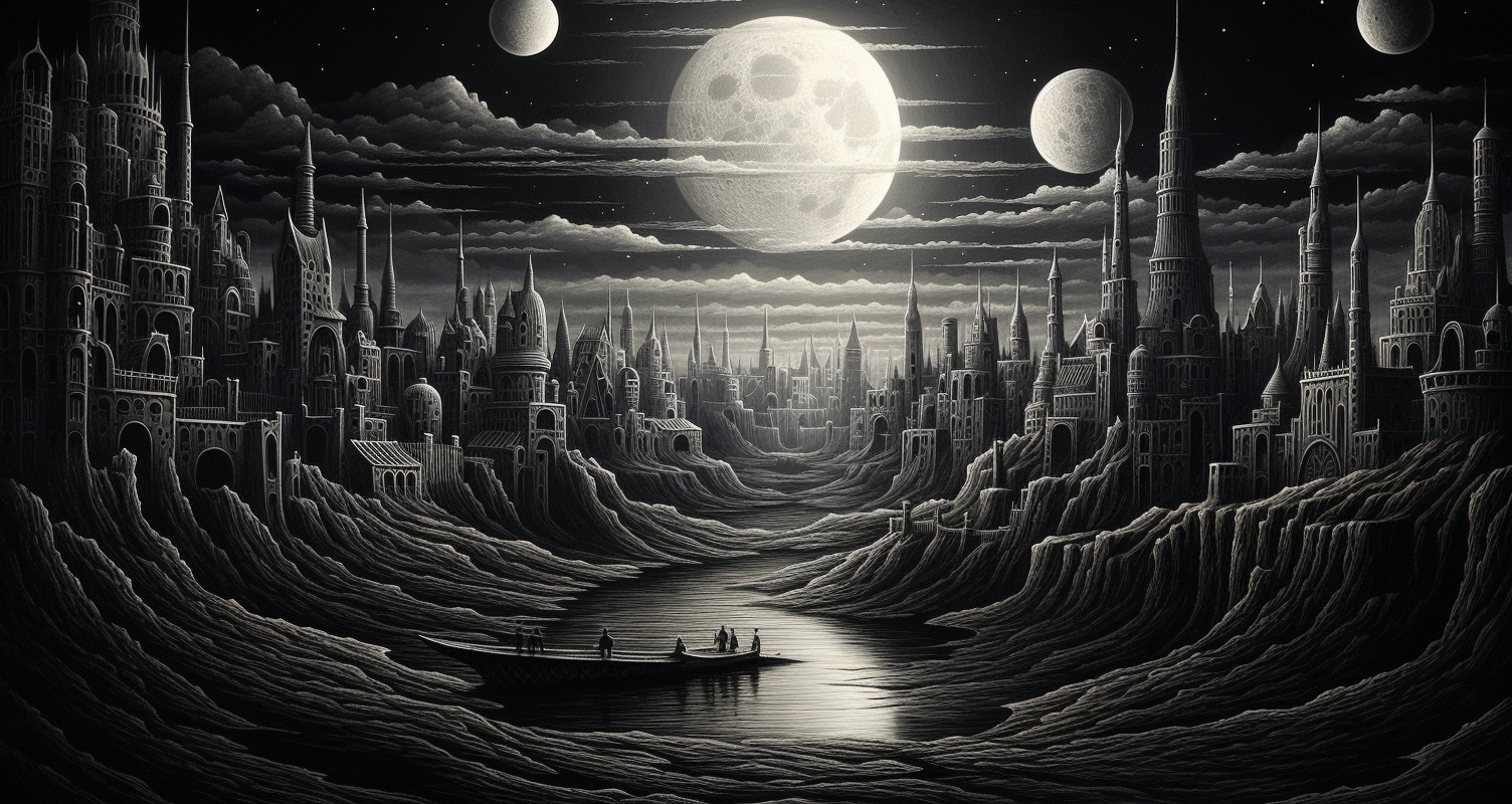 Dark city silhouette with moon by Jacek Yerka