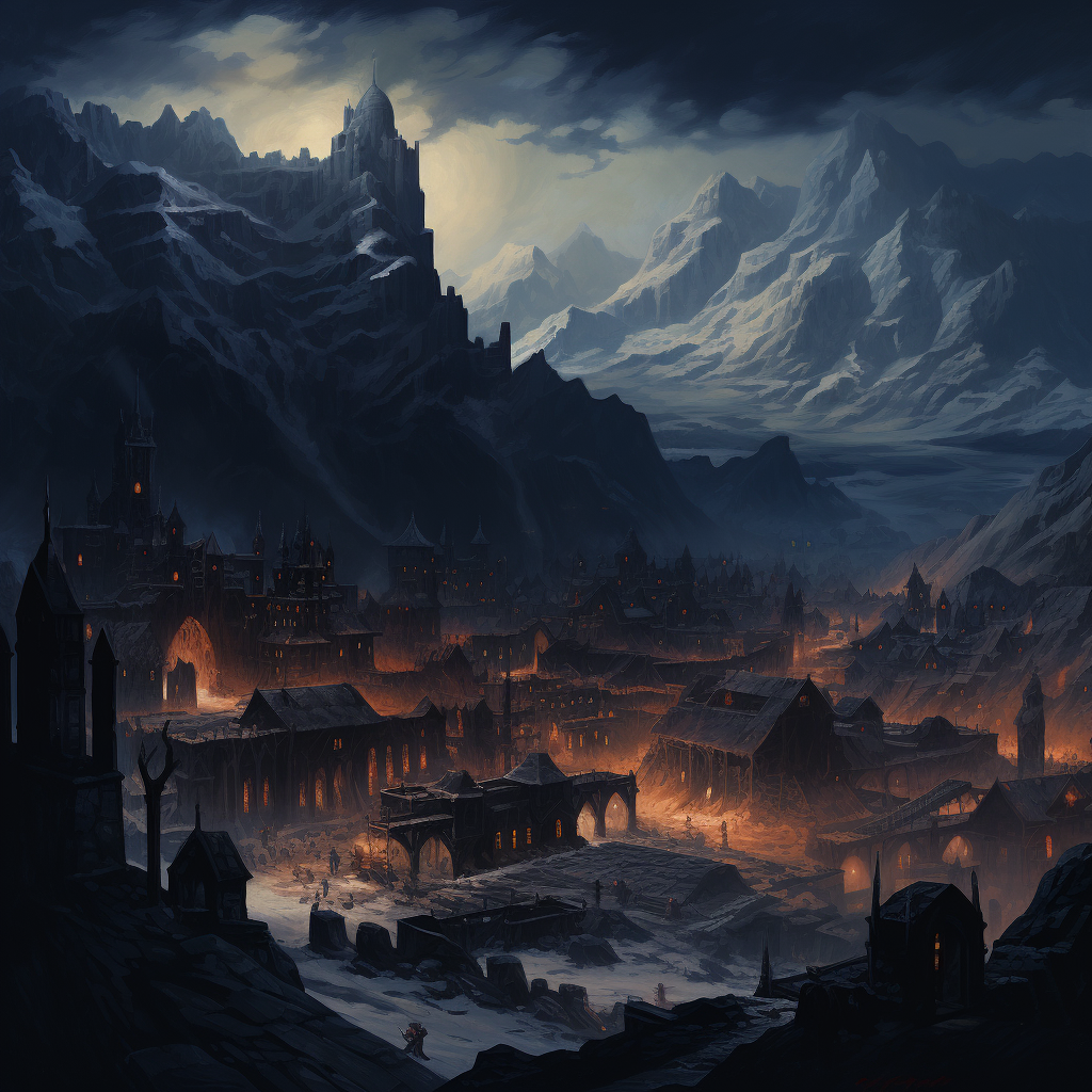 Dark city in front of snowy mountains