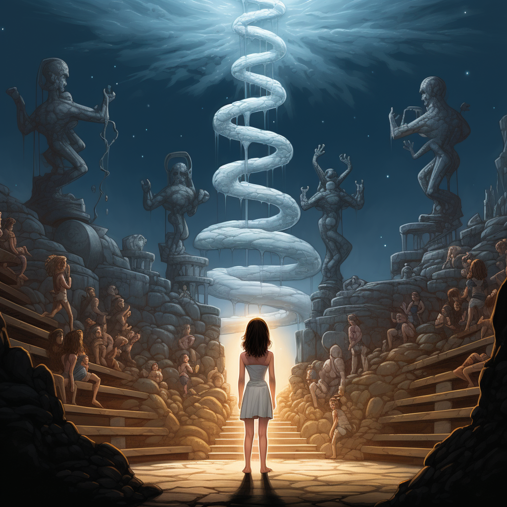 Young girl in white nightgown standing on DNA double helix statue