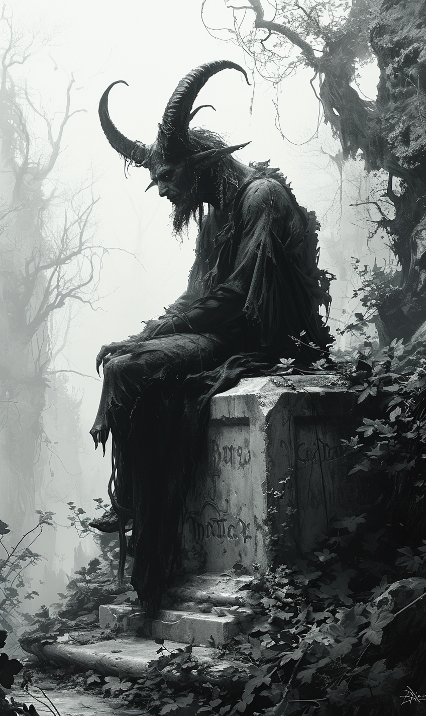 Detailed illustration of dark demon on granite headstone