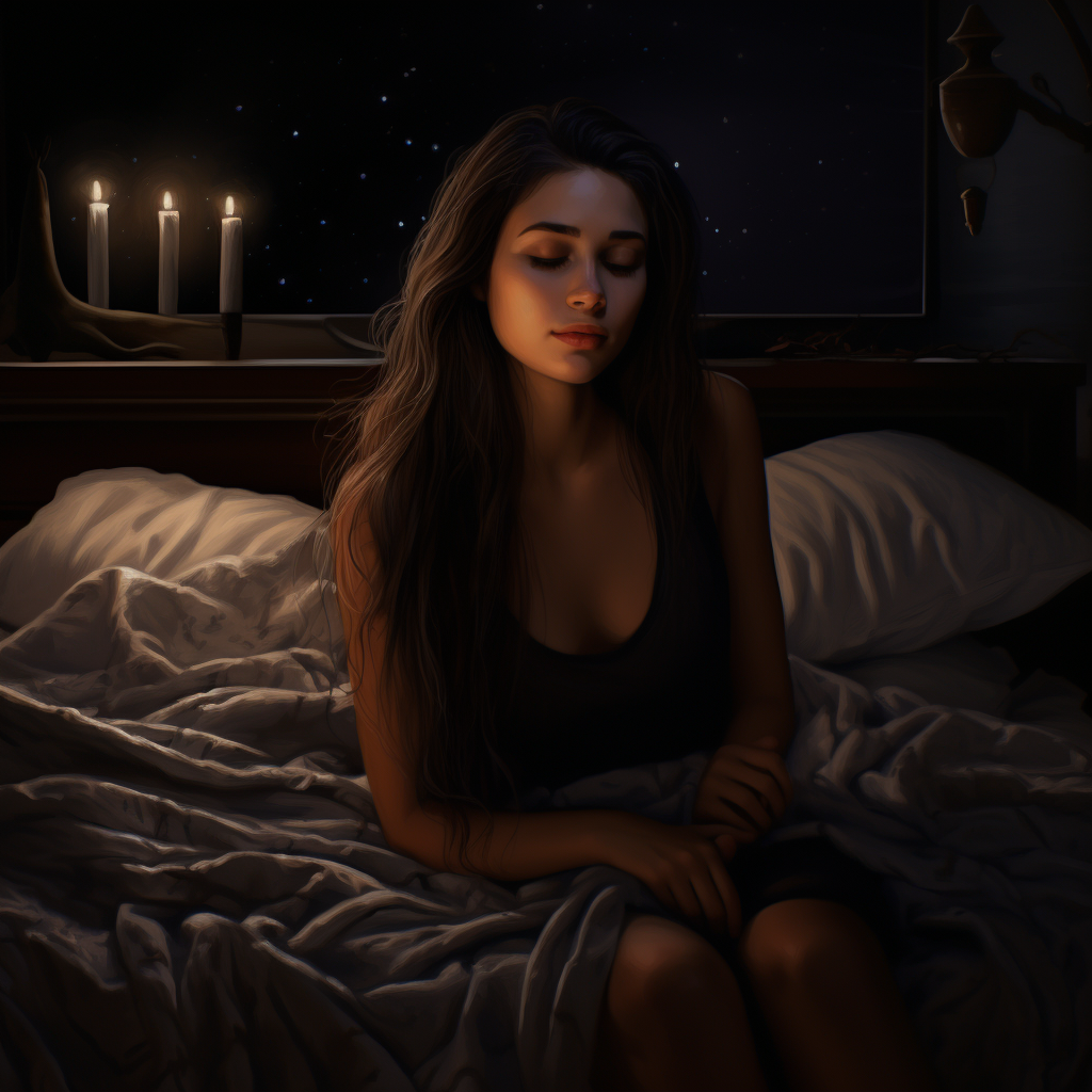 Young woman sleeping in dark dreamy bedroom