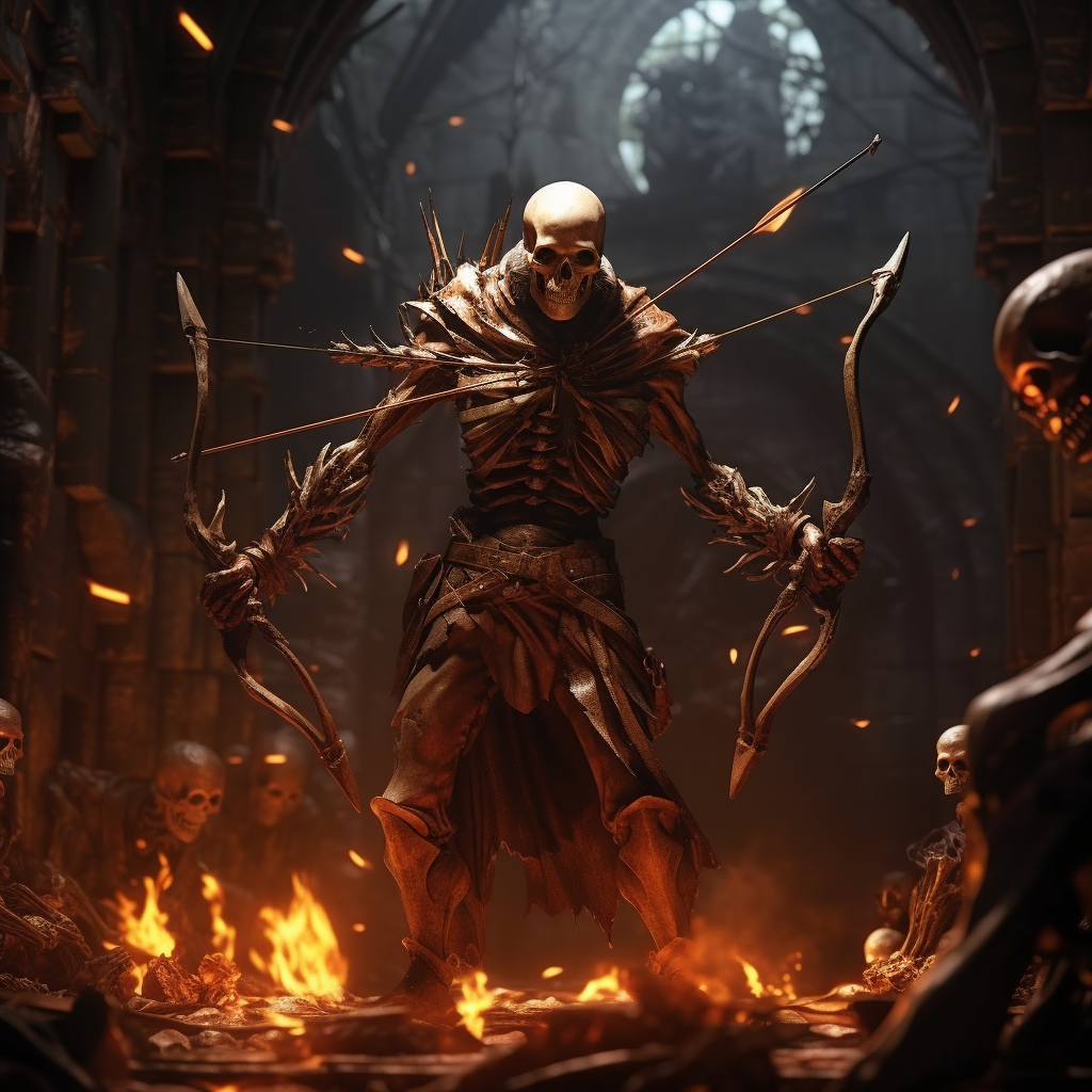 Skeleton shooting an arrow in dark dungeon