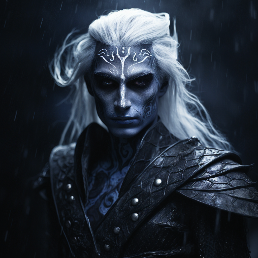 Dark elf with blue skin and white hair