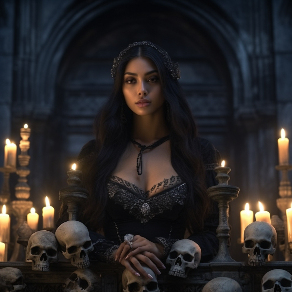 Beautiful goddess in dark fantasy cathedral