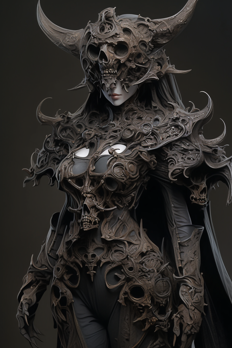 Mysterious dark fantasy female necromancer in unique body suit