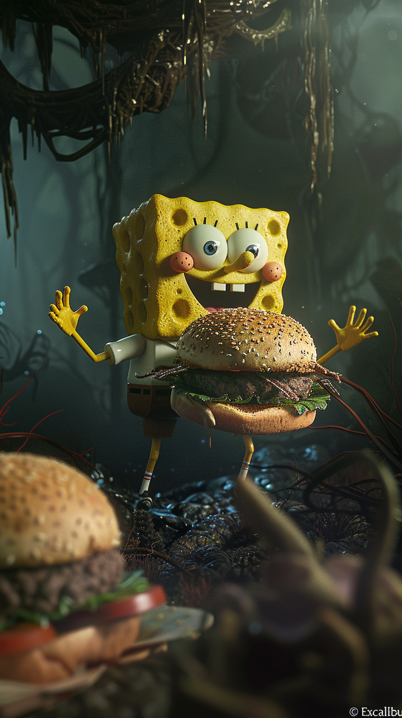 SpongeBob holding Krabby Patty burger