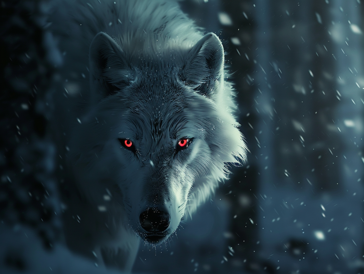 White werewolf in dark forest