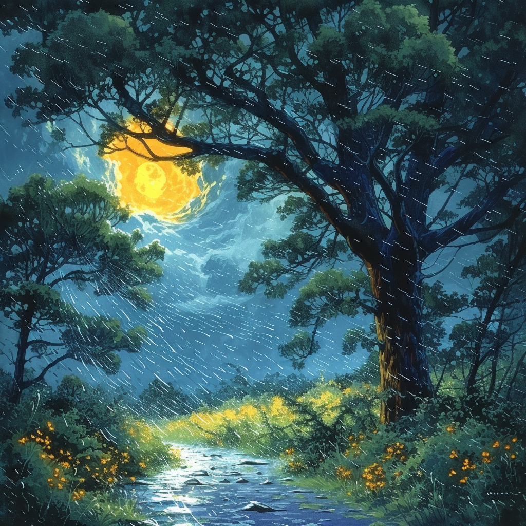 Dark forest rainy night thunderstorm watercolour illustration