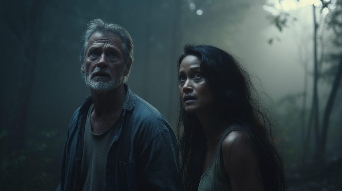 Biracial woman and old man walking through dark forest