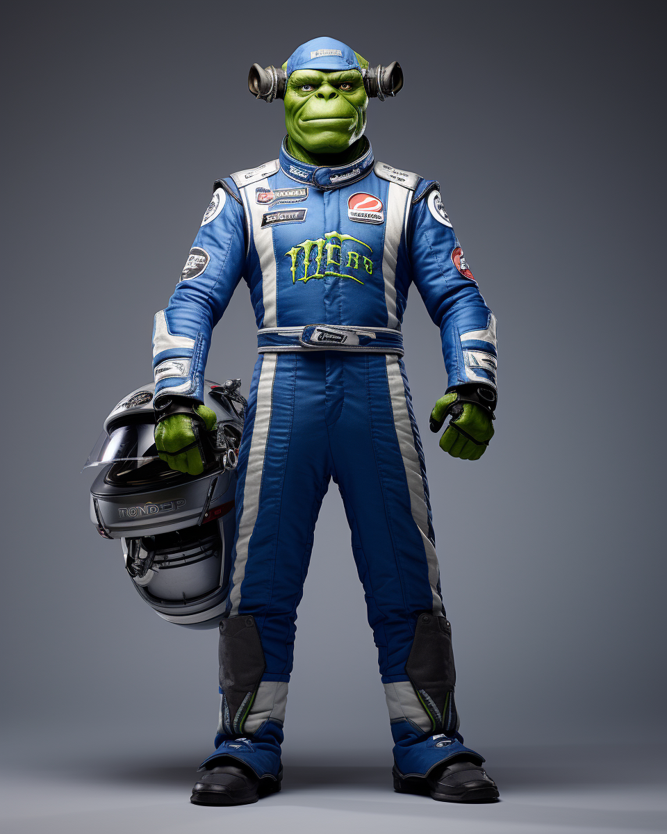 Photorealistic image of dark green Orc in race car uniform