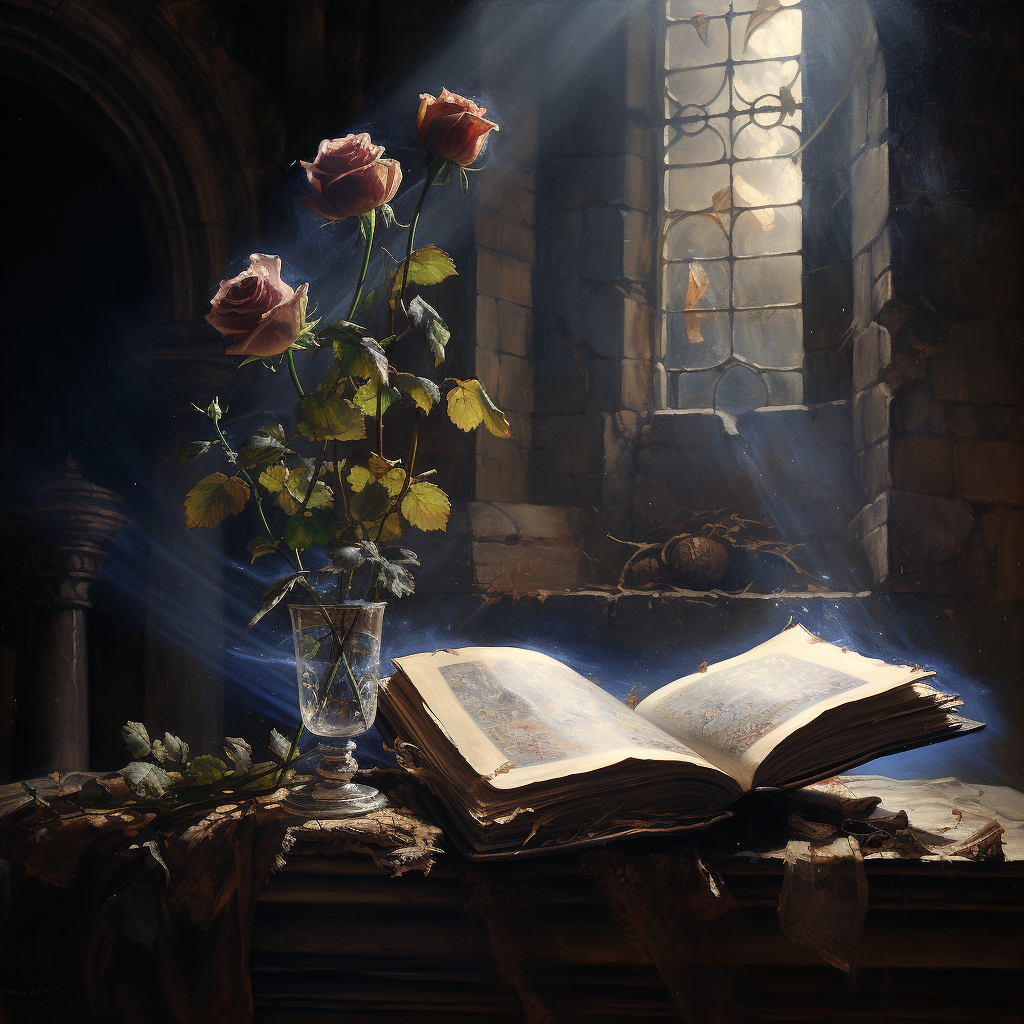 Mystical rose in dusty medieval monastery