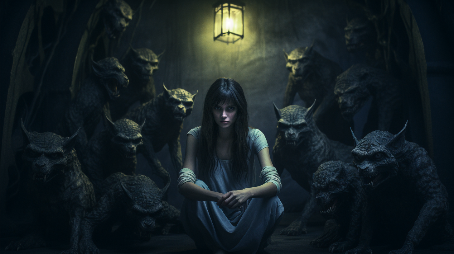 Woman surrounded by menacing monsters