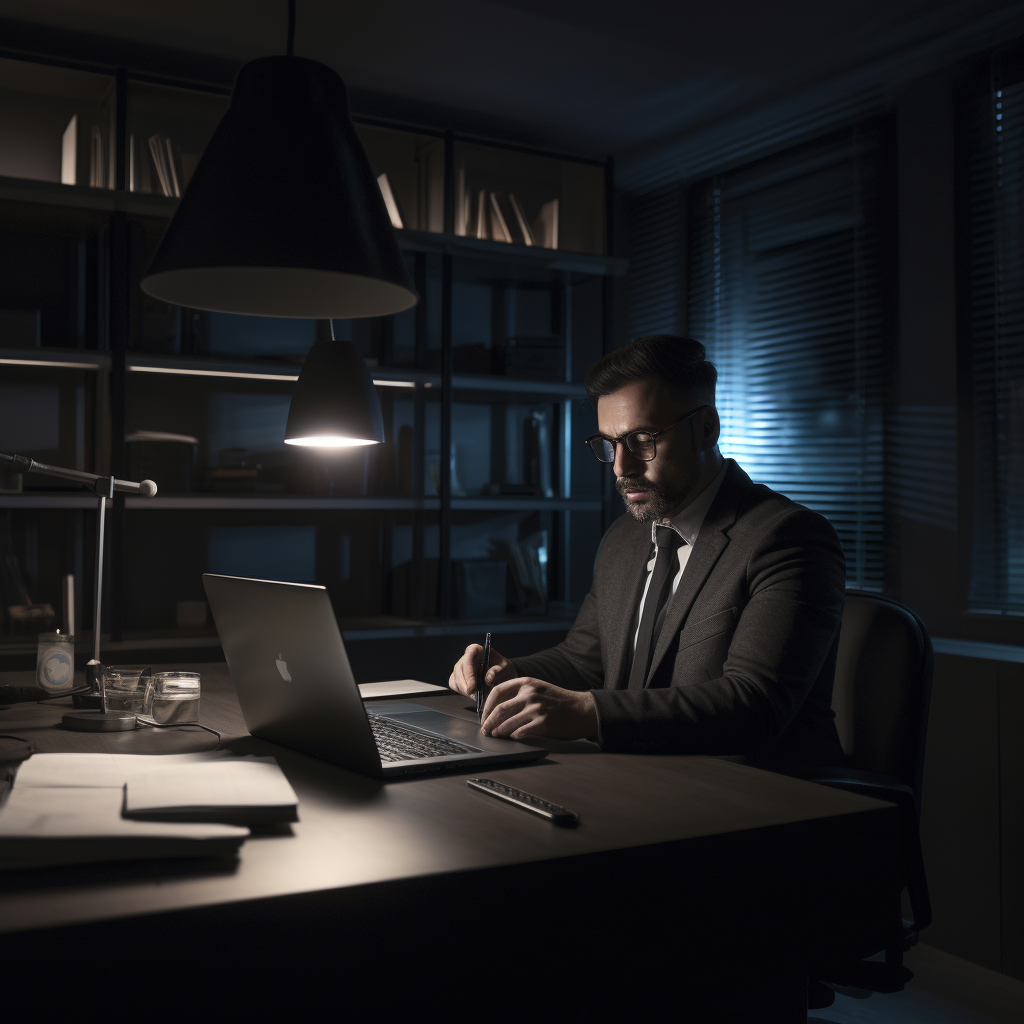 Office employee using laptop with phone torch