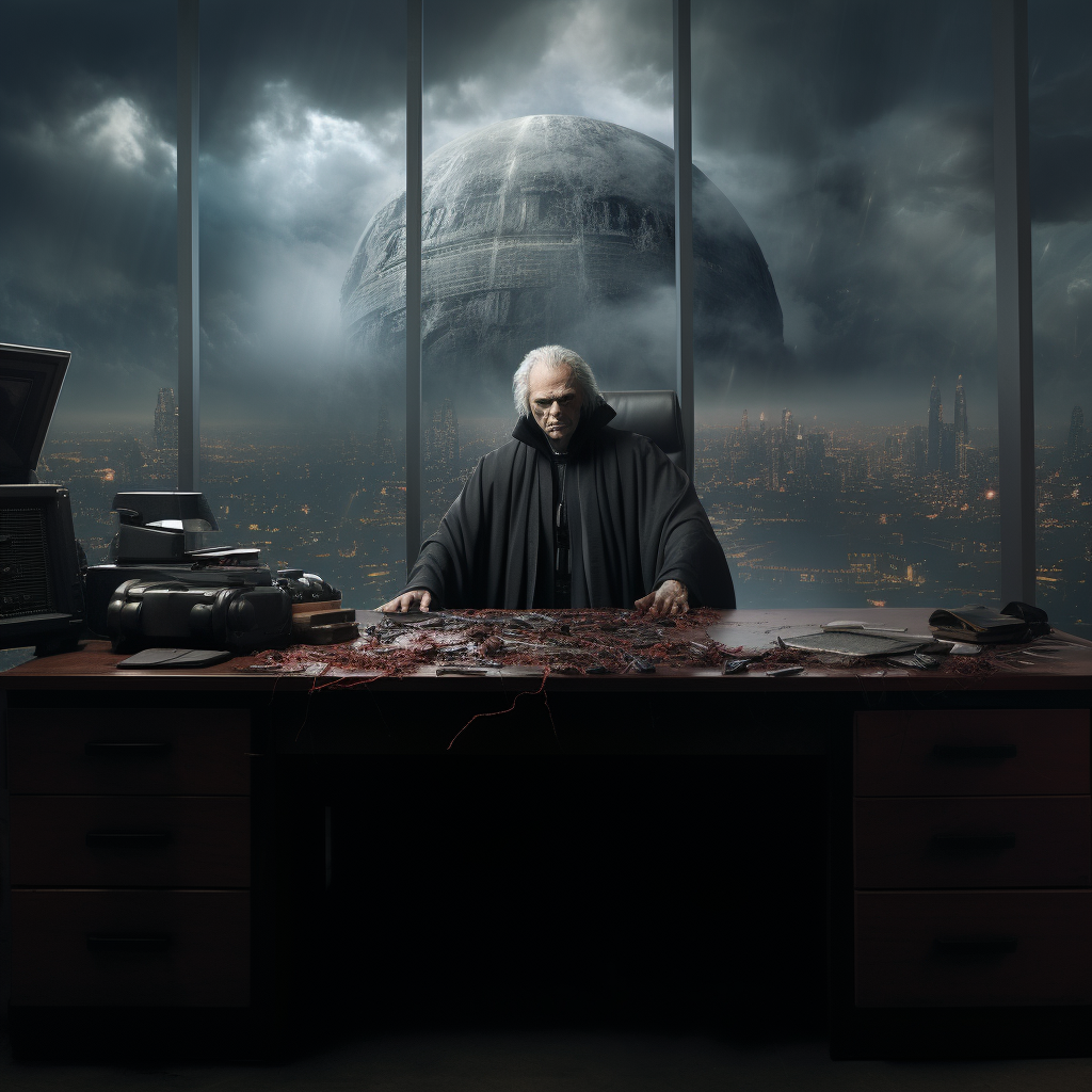 Dark Palpatine sitting behind desk in top floor office