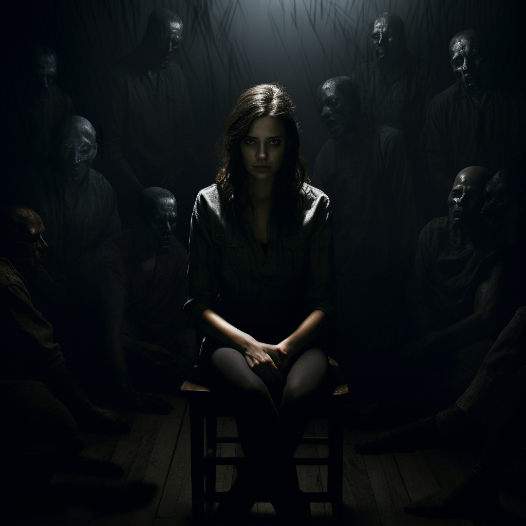 Woman surrounded by menacing figures in a dark place