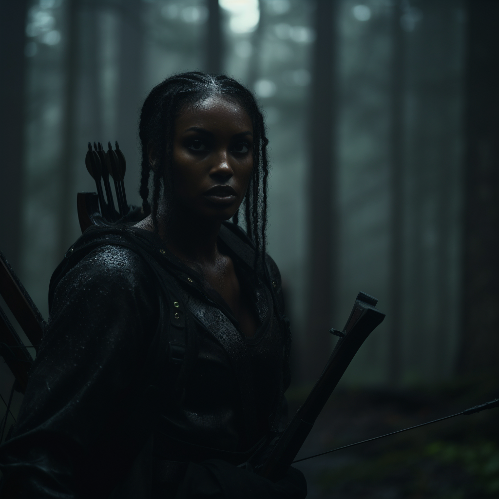 Black woman hunting in mysterious forest