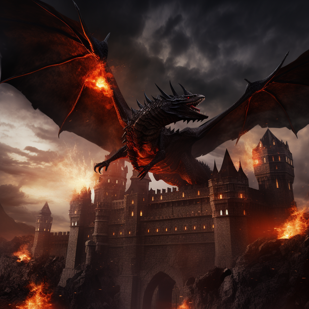 Fearsome dragon breathing fire on castle