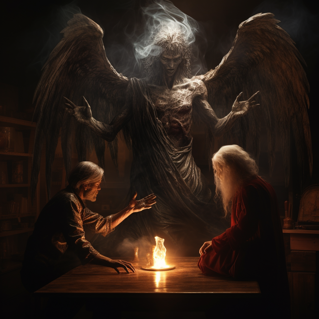 Wise person with angel and demon