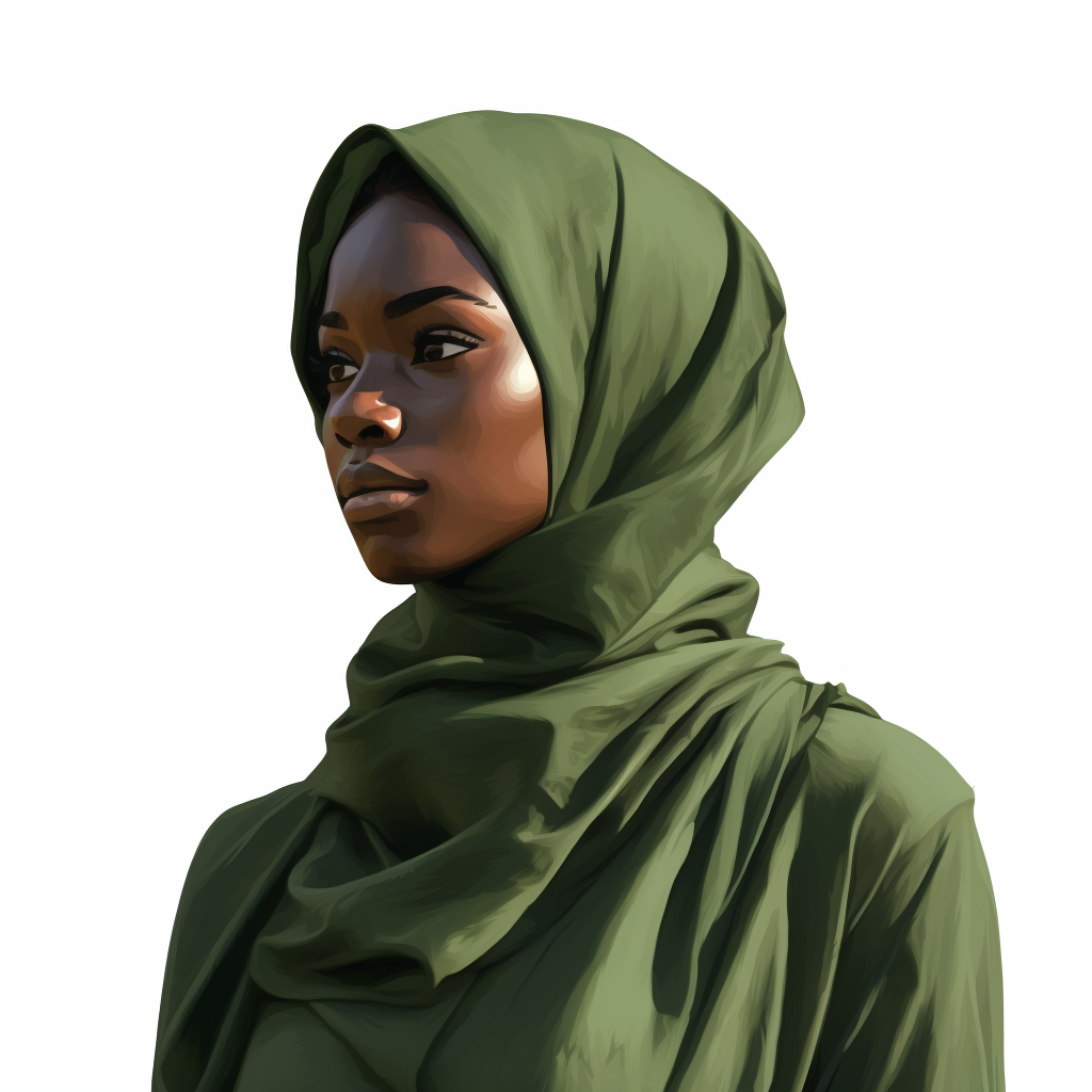 Silhouette of young hijabi woman studying in green dress