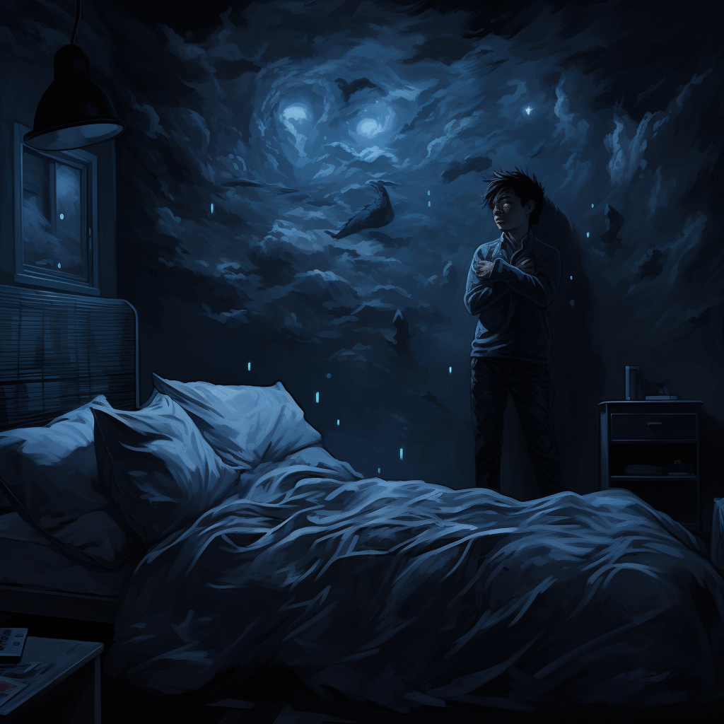 Person in Dark Sleeping Room with Eureka Idea