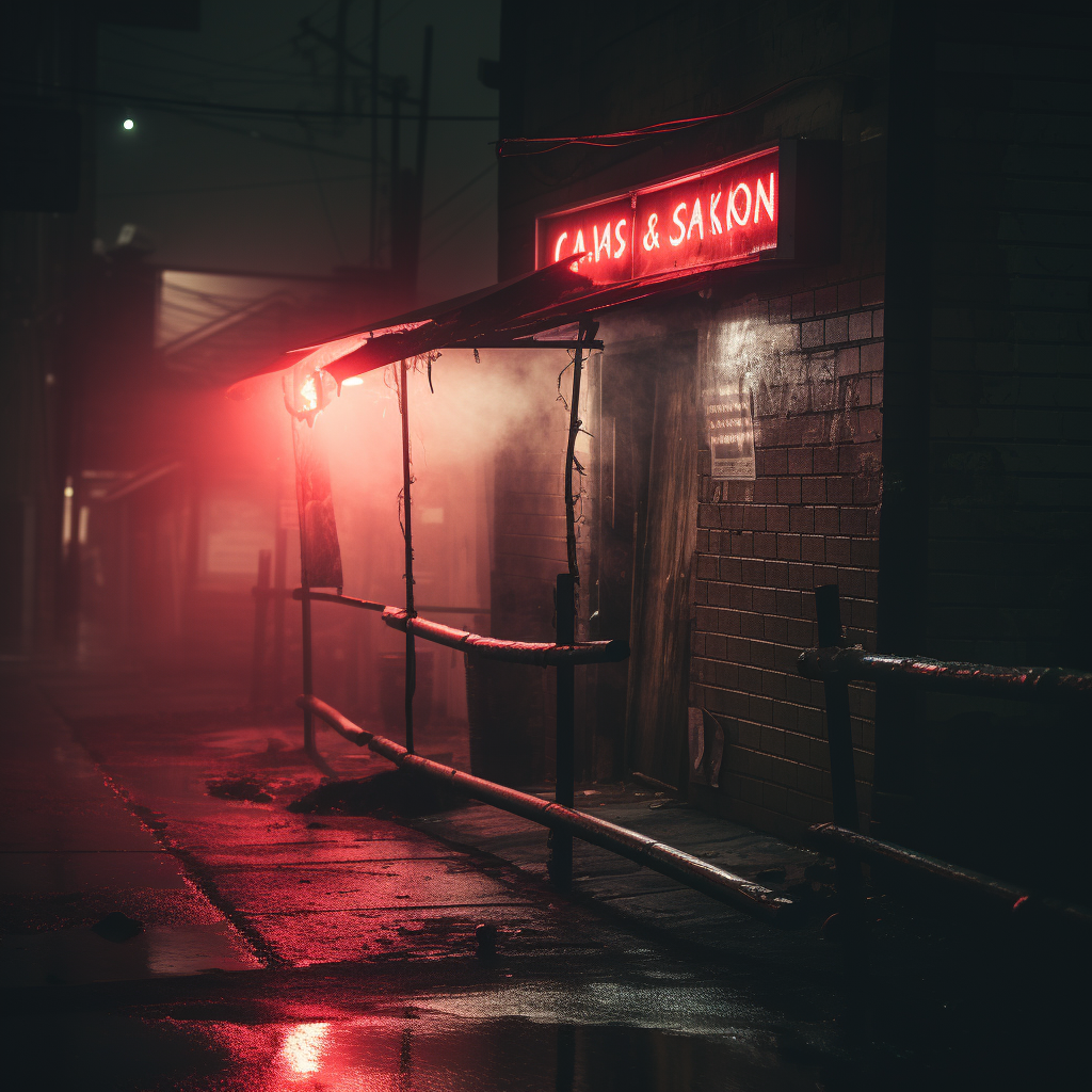 Gritty crime scene with red neon light