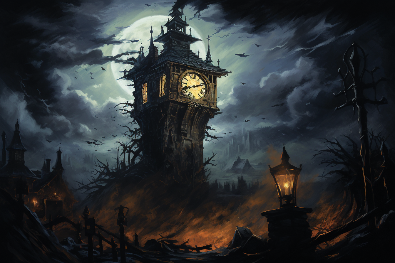 Dark spooky clocktower painting