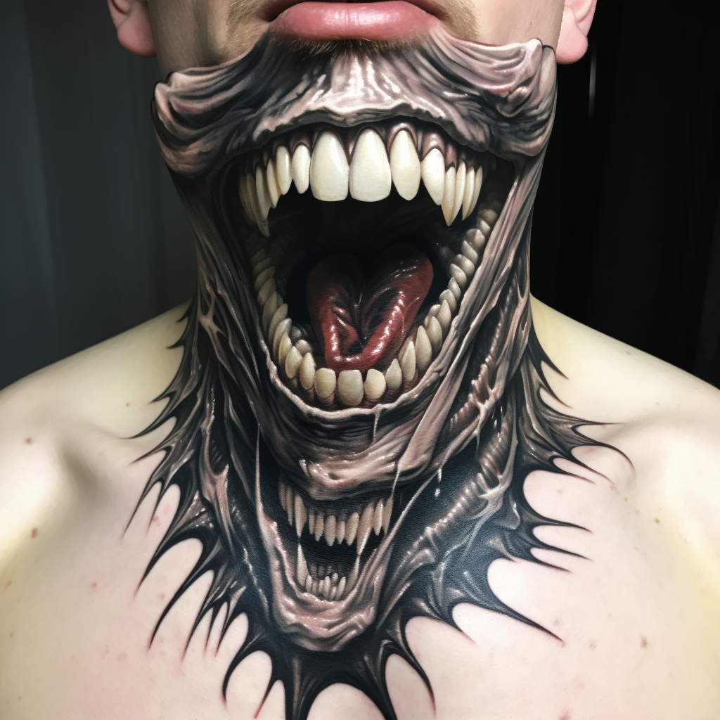 Dark spooky teeth throat tattoo