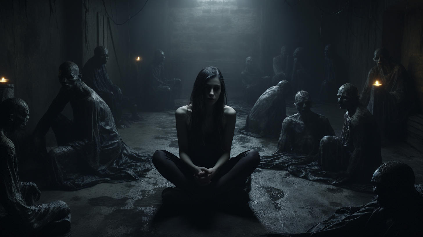 Woman surrounded by dark menacing figures